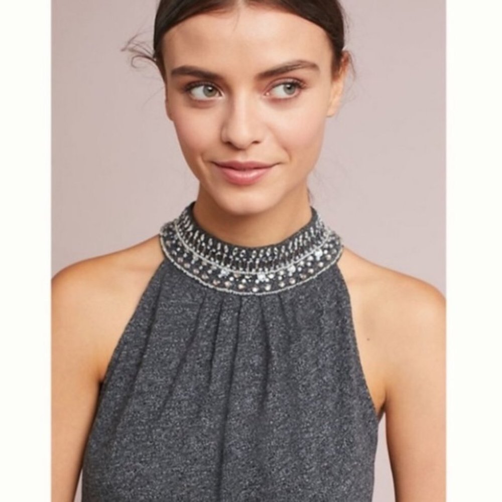 Anthropologie Vanessa Virginia Jeweled Fall Chic‎ Casual Swing Top Gray